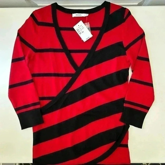 Ricki’s Wrap Front Sweater Deep V Neckline Thin Knit Red Black Stripes XS - Picture 11 of 15